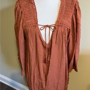 Wit & Wisdom NWT XL boho peasant top crochet lace yoke tie neck 3/4 sleeve rust